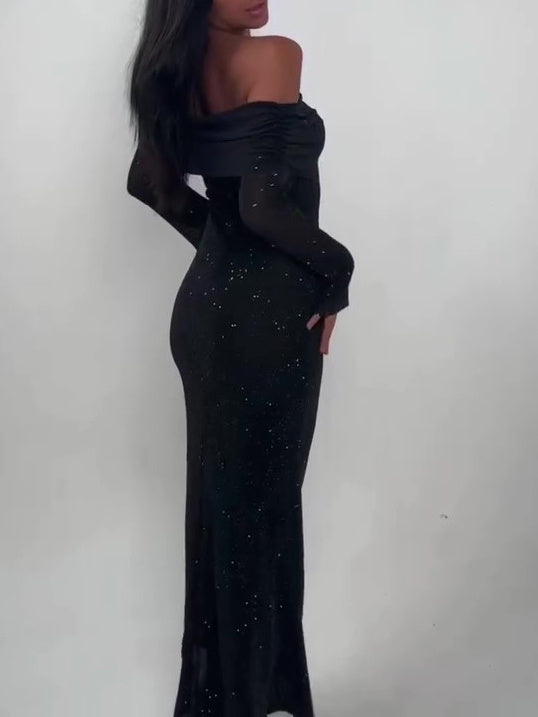 Robe longue noir off-shoulder pailletée - Élégante & Glamour