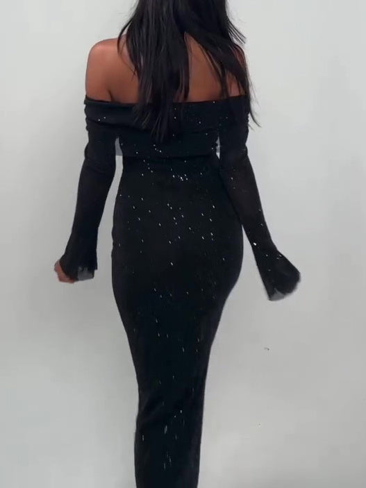Robe longue noir off-shoulder pailletée - Élégante & Glamour