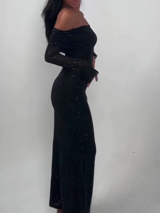 Robe longue noir off-shoulder pailletée - Élégante & Glamour