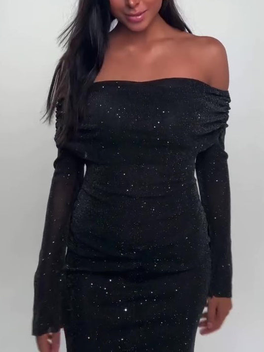 Robe longue noir off-shoulder pailletée - Élégante & Glamour